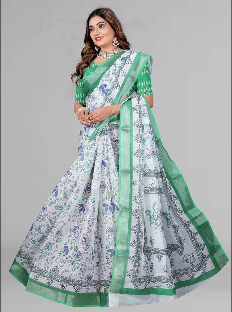 white  linen cotton digital print saree (multicolour)