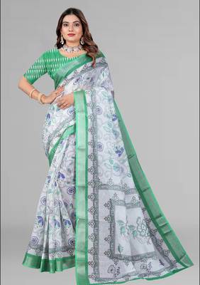 white  linen cotton digital print saree (multicolour) 3
