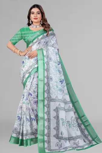 white  linen cotton digital print saree (multicolour)