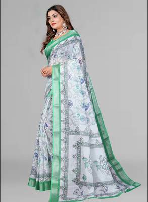 white  linen cotton digital print saree (multicolour) 4
