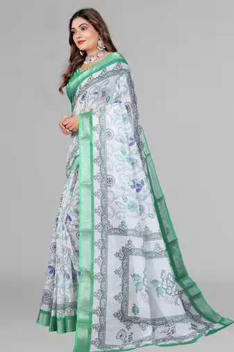 white  linen cotton digital print saree (multicolour)
