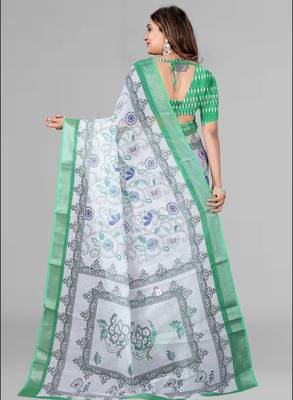 white  linen cotton digital print saree (multicolour) 5