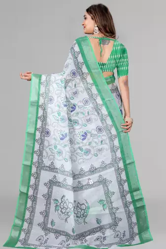 white  linen cotton digital print saree (multicolour)