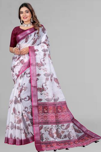 white  linen cotton digital print saree ( white)