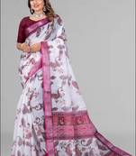 white  linen cotton digital print saree ( white)