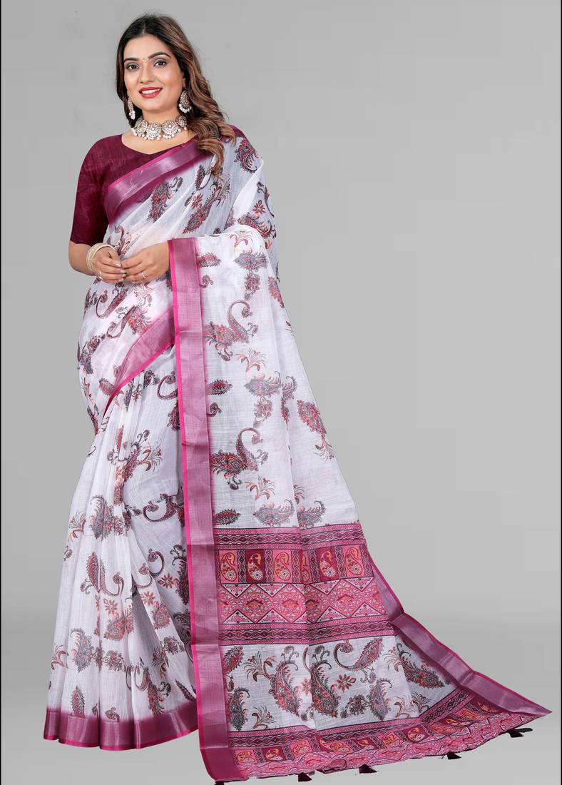 white  linen cotton digital print saree ( white)