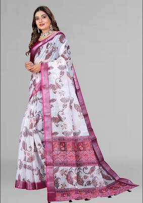 white  linen cotton digital print saree ( white) 3