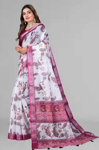 white  linen cotton digital print saree ( white)