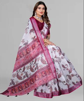 white  linen cotton digital print saree ( white) 4