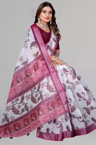 white  linen cotton digital print saree ( white)