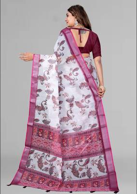 white  linen cotton digital print saree ( white) 5