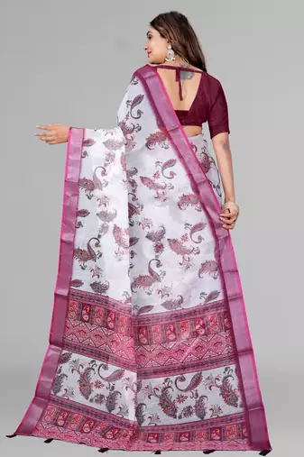 white  linen cotton digital print saree ( white)