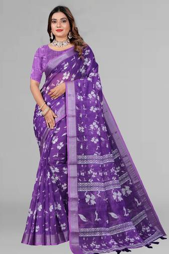 purple  linen cotton digital print saree ( purple )