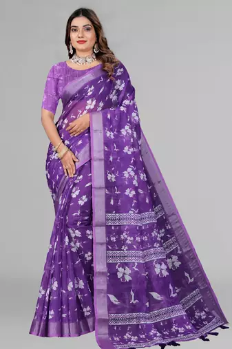 purple  linen cotton digital print saree ( purple )
