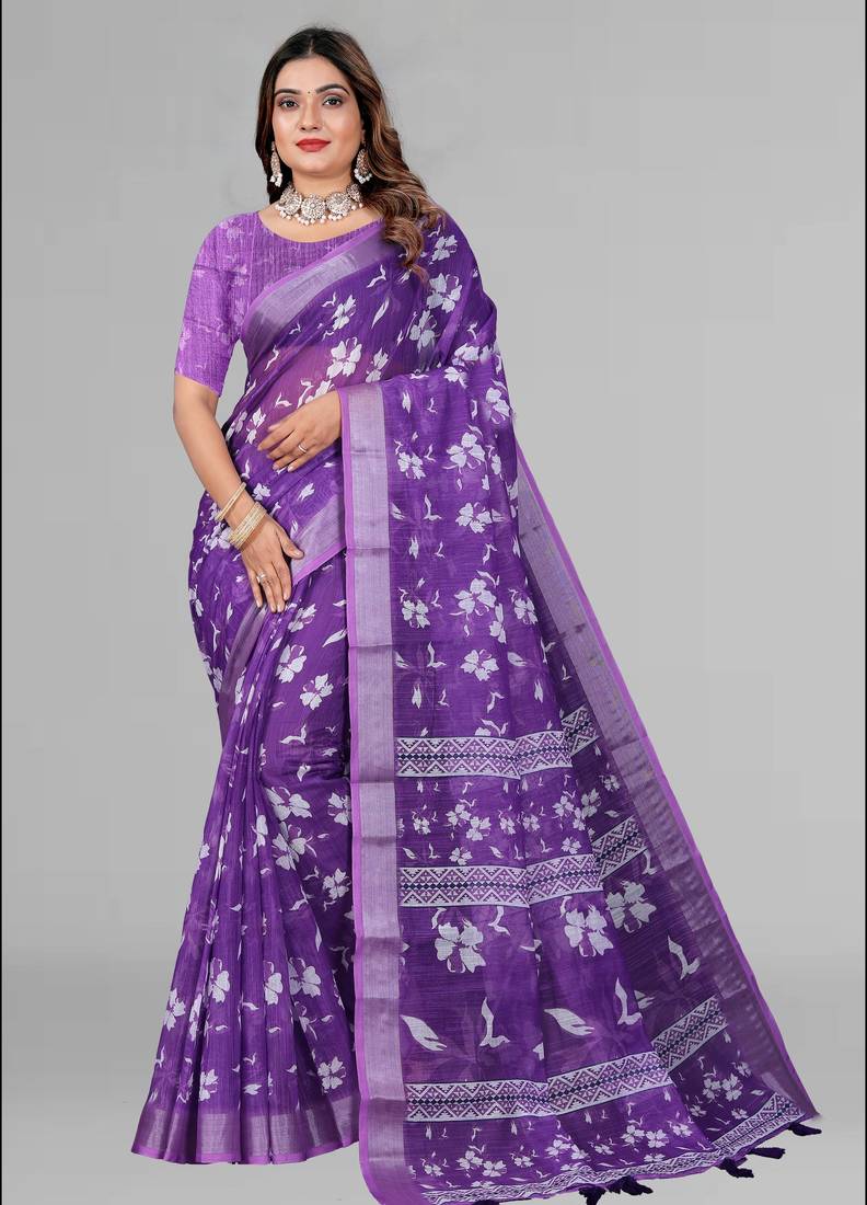 purple  linen cotton digital print saree ( purple )