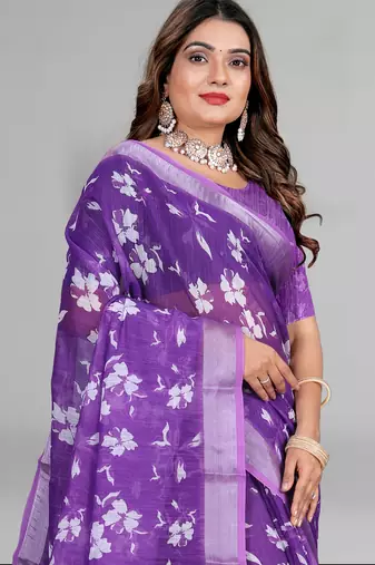 purple  linen cotton digital print saree ( purple )