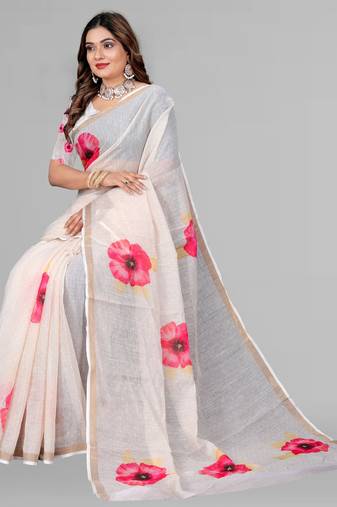 off white floral linen cotton digital print saree ( off white)