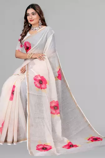 off white floral linen cotton digital print saree ( off white)