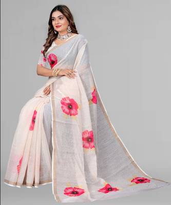 off white floral linen cotton digital print saree ( off white) 2