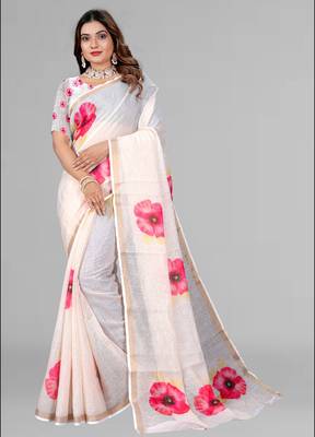 off white floral linen cotton digital print saree ( off white) 3