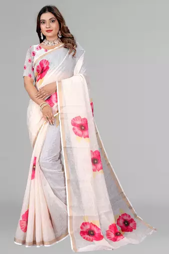 off white floral linen cotton digital print saree ( off white)