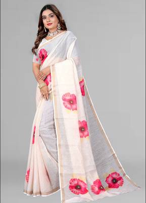off white floral linen cotton digital print saree ( off white) 4