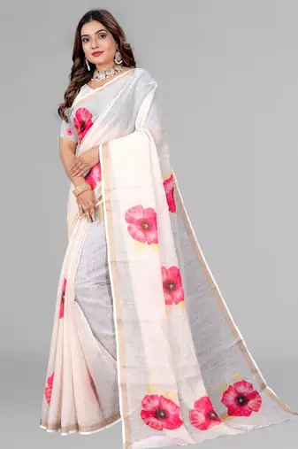 off white floral linen cotton digital print saree ( off white)