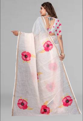 off white floral linen cotton digital print saree ( off white) 5