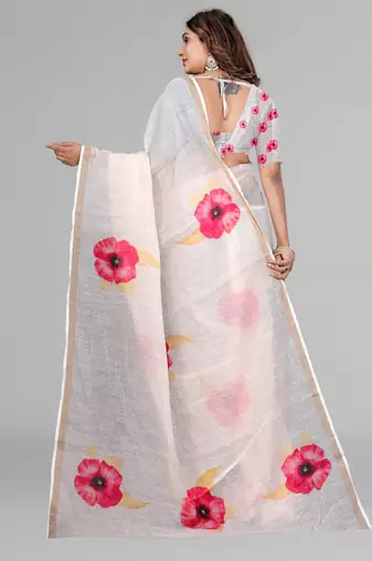 off white floral linen cotton digital print saree ( off white)