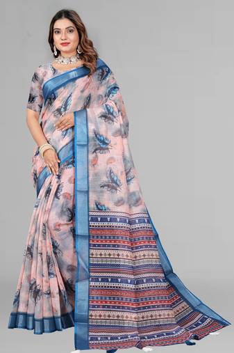 beige  linen cotton digital print saree ( beige )