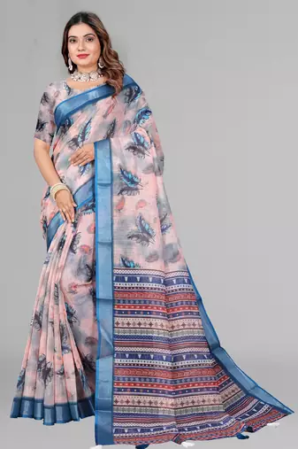 beige  linen cotton digital print saree ( beige )