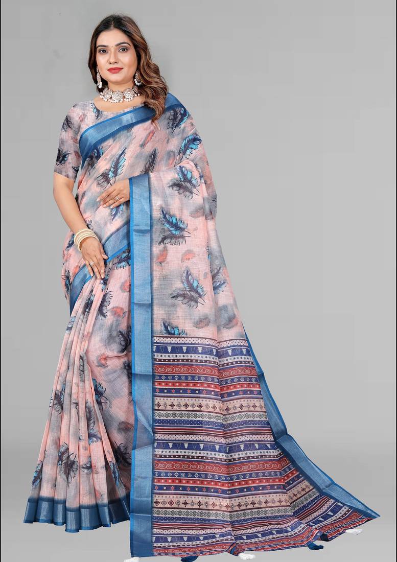 beige  linen cotton digital print saree ( beige )