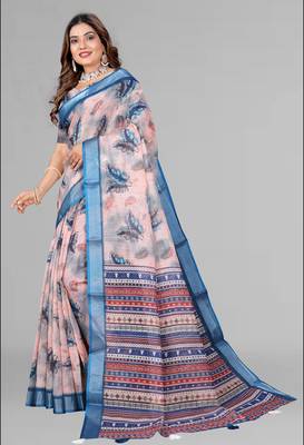 beige  linen cotton digital print saree ( beige ) 3