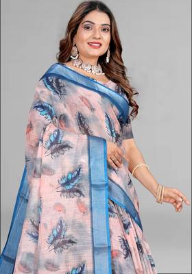beige  linen cotton digital print saree ( beige ) 4