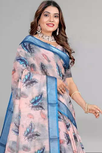 beige  linen cotton digital print saree ( beige )