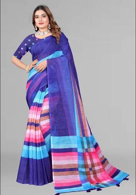 blue  linen cotton digital print saree (blue) 1