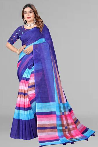 blue  linen cotton digital print saree (blue)