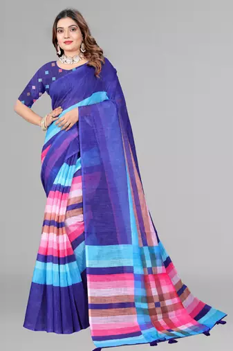 blue  linen cotton digital print saree (blue)