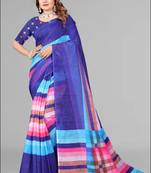 blue  linen cotton digital print saree (blue)