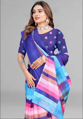blue  linen cotton digital print saree (blue) 3