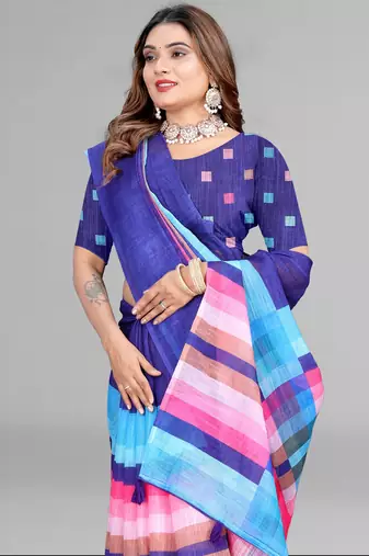 blue  linen cotton digital print saree (blue)
