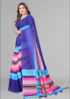 blue  linen cotton digital print saree (blue) 4