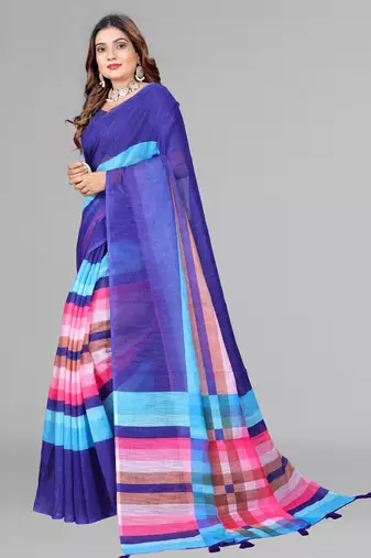 blue  linen cotton digital print saree (blue)