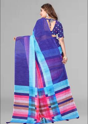 blue  linen cotton digital print saree (blue) 5