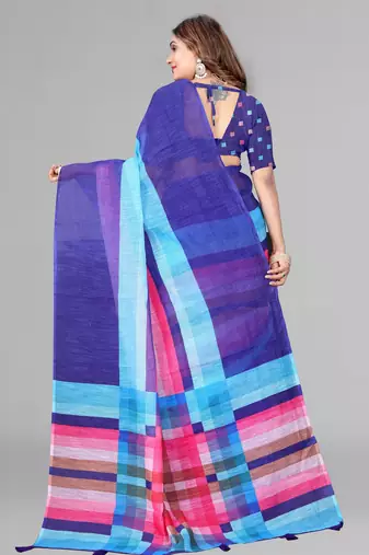 blue  linen cotton digital print saree (blue)