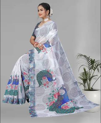 white peackock linen cotton digital print saree 1