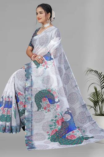 white peackock linen cotton digital print saree