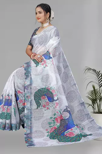 white peackock linen cotton digital print saree