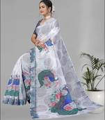 white peackock linen cotton digital print saree