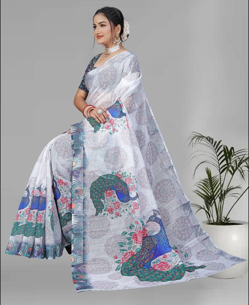 white peackock linen cotton digital print saree